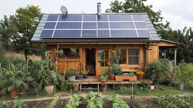 Charming tiny eco-home. Solar panels power this wood cabin. Rainwater harvesting & thriving vegetable garden complete the self-sufficient design.  Eco-friendly living at its finest.