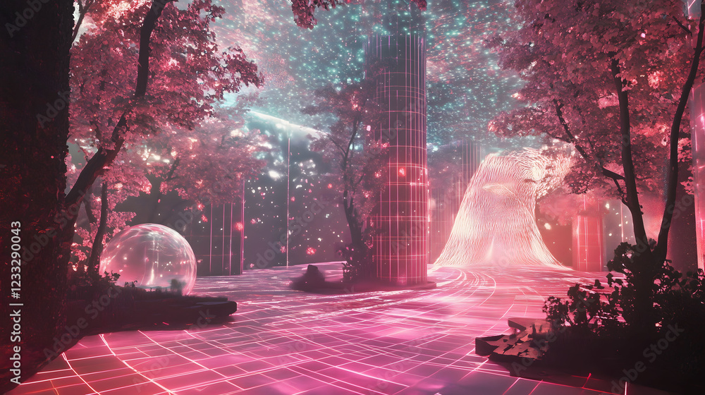 Poster explore a virtual reality environment with glowing trees and radiant structures in a vibrant landsca