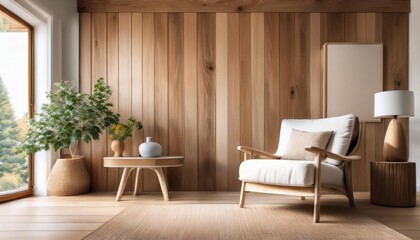 Empty Rustic Wood Accents Wall Mockup in Farmhouse Interior with Armchair and a Wooden Side Table. Natural Daylight From a Window. Promotion Background.