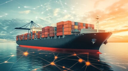 Fototapeta premium Container ship loaded with cargo in a digital network environment.