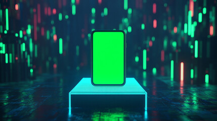Modern smartphone with a blank green screen displayed on a futuristic pedestal in a vibrant digital environment