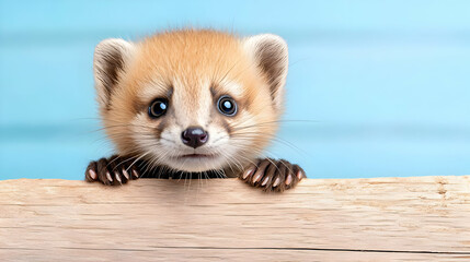 Adorable baby ferret peeking over wood, blue background
