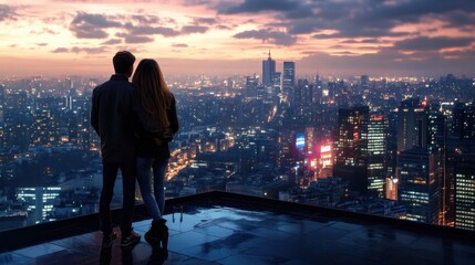 Fototapeta premium A young couple admiring a city skyline from a rooftop at dusk