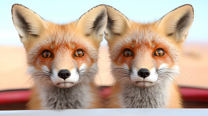 Obraz premium Two foxes in a car, desert background, road trip