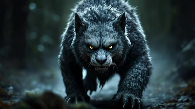 A digital painting of a werewolf stalking through a dark forest.  Its eyes glow menacingly.