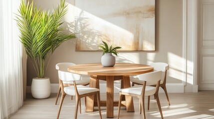 Obraz premium Modern Dining Room with Wooden Table and White Chairs