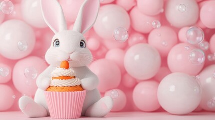 Adorable Bunny with Cupcake Surrounded by Soft Pink Bubbles