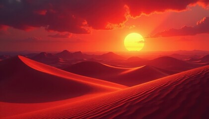 Crimson sun bleeds across undulating desert sands, fiery hues paint the sky , evening, travel