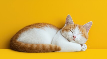 Cute orange and white cat sleeping peacefully on a bright yellow background