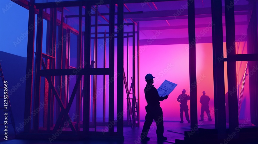 Aufkleber construction site workers examining blueprints under vibrant lighting at a frame structure