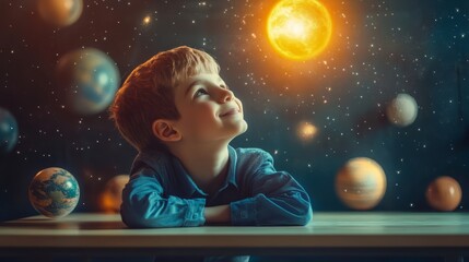 Naklejka premium A Young Boy Gazes Up At A Vibrant, Fantastical Depiction Of Space, Filled With Planets And A Glowing Sun. The Scene Is Dreamlike And Inspires Wonder.