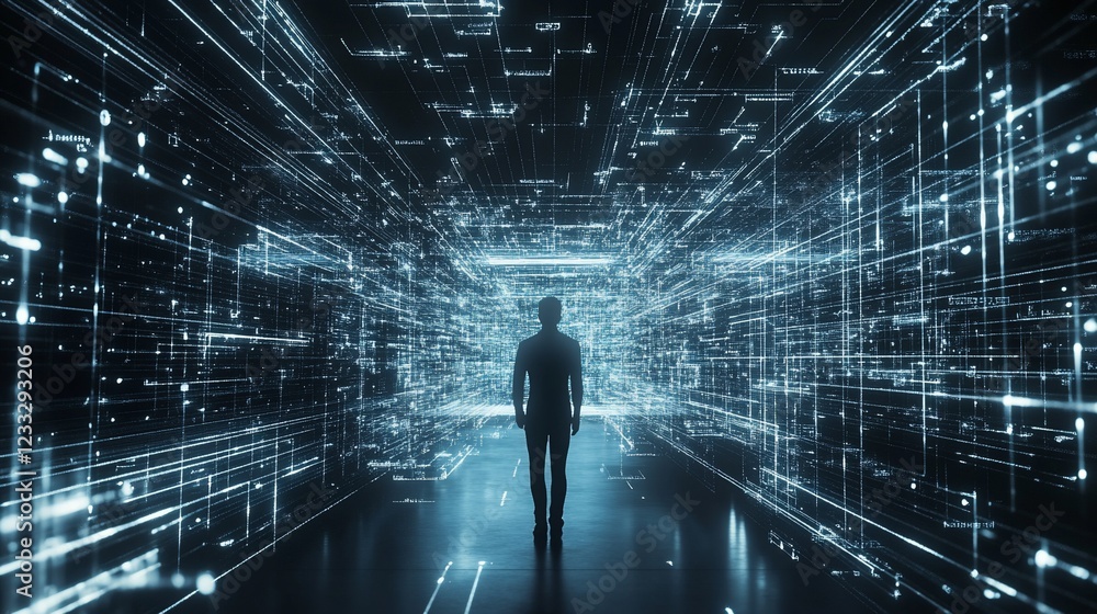 Aufkleber person standing in a digital data stream with glowing lines and futuristic style