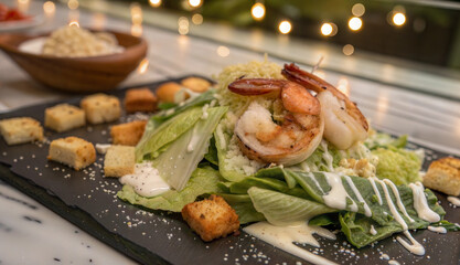 Caesar salad with grilled shrimp and croutons