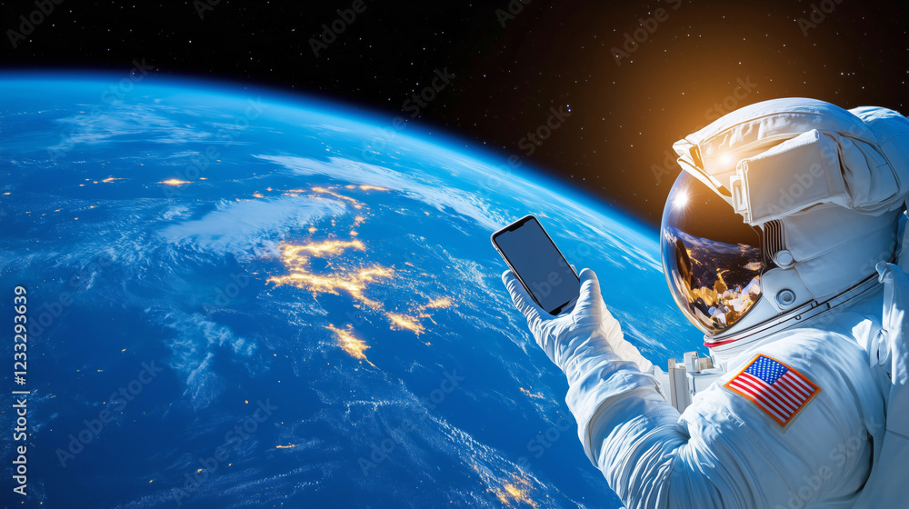 Aufkleber astronaut using smartphone while floating above earth