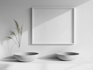 Minimalist Still Life with White Frame, Bowls, and Dried Plant Stems on Shelf