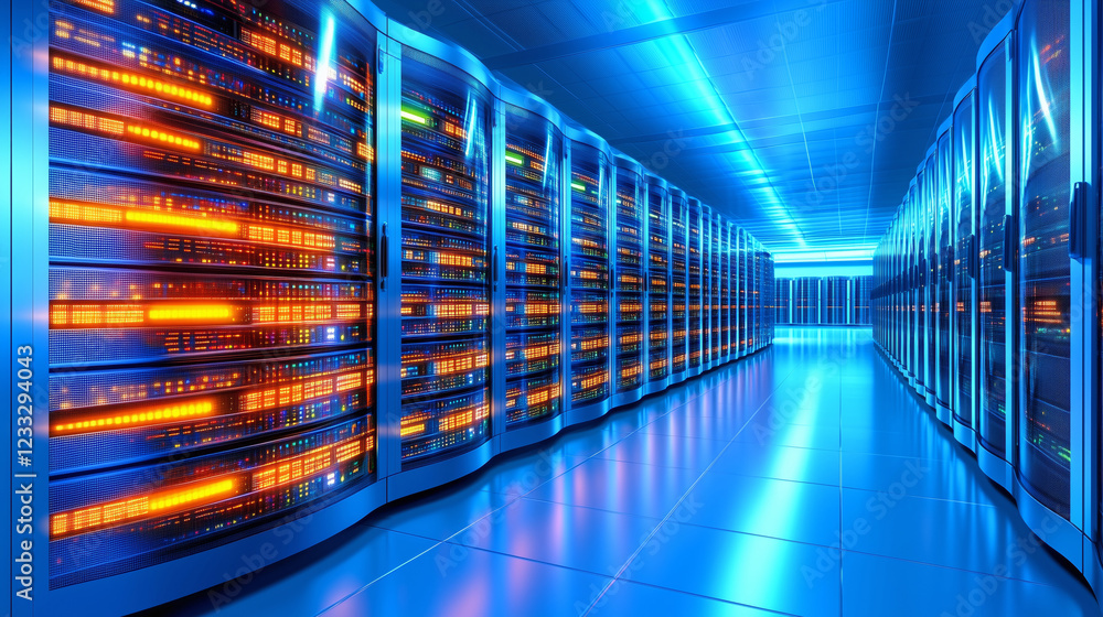 Aufkleber blue-lit data center with advanced server tech