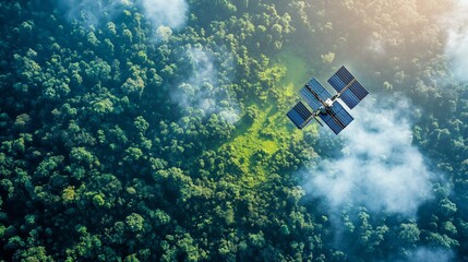 Satellite over lush forest with clouds, monitoring the environment from above view
