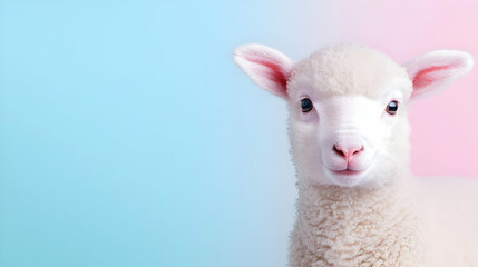 Fototapeta premium Cute lamb portrait, pastel background, spring, farm animal