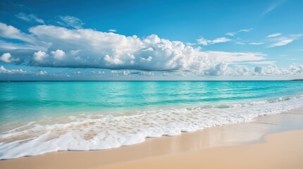 Fototapeta premium Navy blue ocean kisses a sandy coastline under a serene sky filled with clouds 