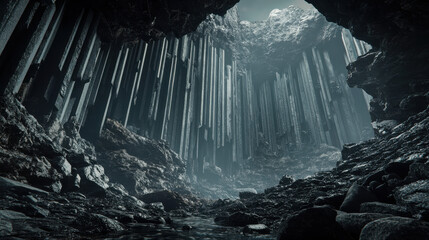 A breathtaking rock formation featuring towering basalt cliffs that descend into a deep, hidden water pool
