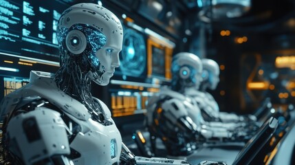 Fototapeta premium Advanced Robotic Workforce in High-Tech Control Room Setting