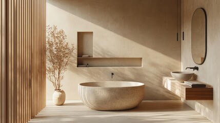 Minimalist Bathroom Design with Stone Bathtub and Wooden Accents