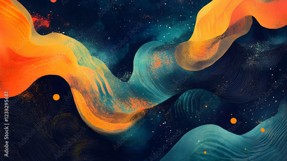 Poster ethereal abstract collage blending soft waves and vibrant colors for a mesmerizing visual experience