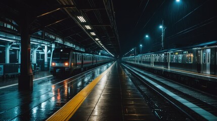 Fototapeta premium Nighttime dim train platform with oncoming train arrival