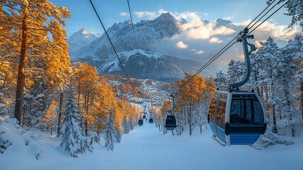 Scenic winter landscape with ski gondolas ascending snowy mountains during sunset