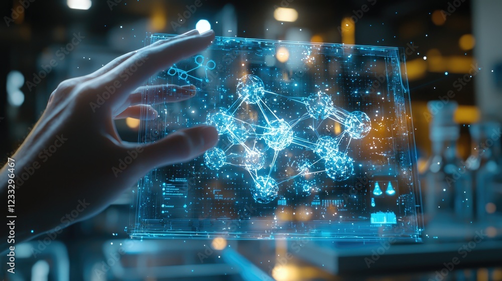 Poster innovative technology with a hand interacts with a holographic molecular structure display