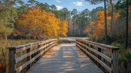 A serene wooden bridge leads through vibrant autumn foliage to a tranquil pond.