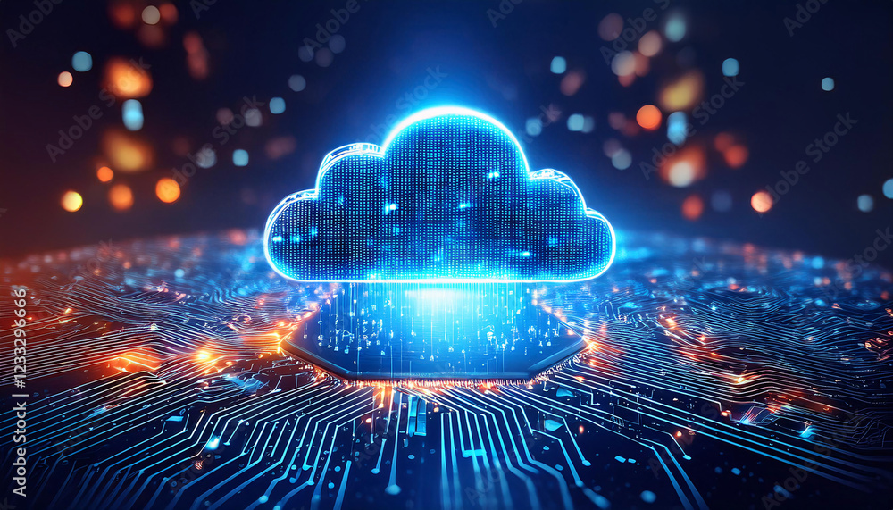 Poster a glowing blue cloud with data streams flowing from it, set against a backdrop of circuit boards and