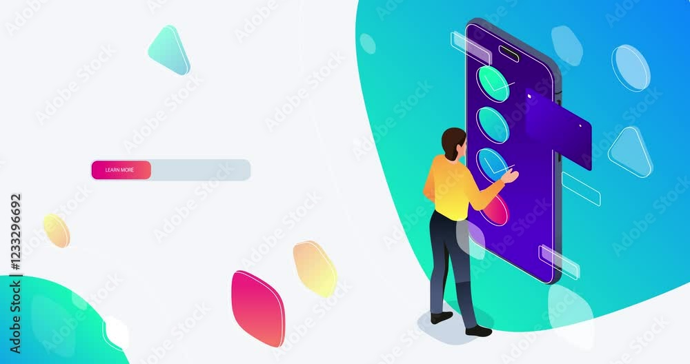 Poster app development. moving banner with male programmer standing next to large smartphone, creating and 