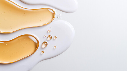 A close-up of transparent golden cosmetic essence and white cream drops on a smooth background, representing skincare luxury.