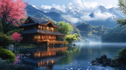 Fototapeta premium Japanese wooden house with lake and mountains concept art