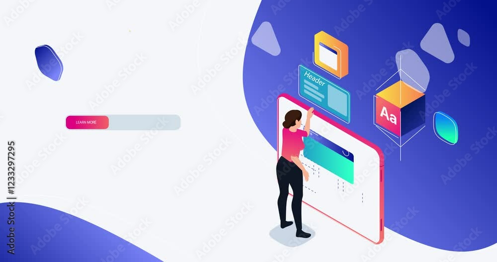 Poster website interface development. moving banner with female programmer creating web page interface. web
