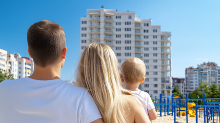 Fototapeta premium A young family with a baby stands together, looking at a modern apartment building near a playground under a clear sky.