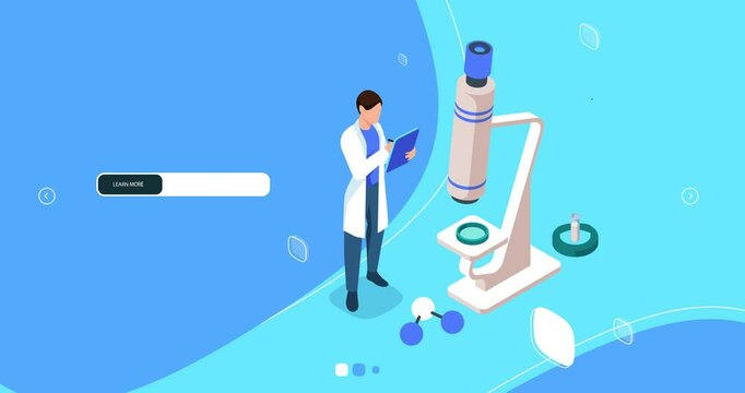 Medical service. Moving banner with doctor conducting medical research in laboratory. Analysis of samples for diagnosis and treatment of diseases. Landing page design. Isometric 3D animated graphics