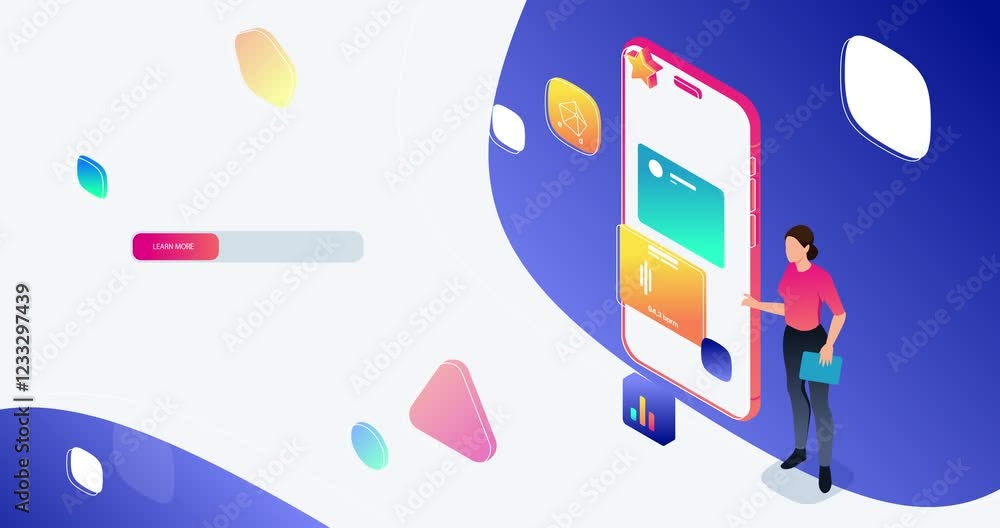 Poster website interface development. moving banner with female programmer standing next to large smartphon