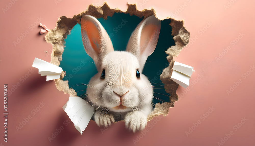 Poster a cute white rabbit peeks through a hole in a pink wall, with its paws resting on the edge, creating