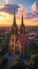 Twin-towered church at sunset.