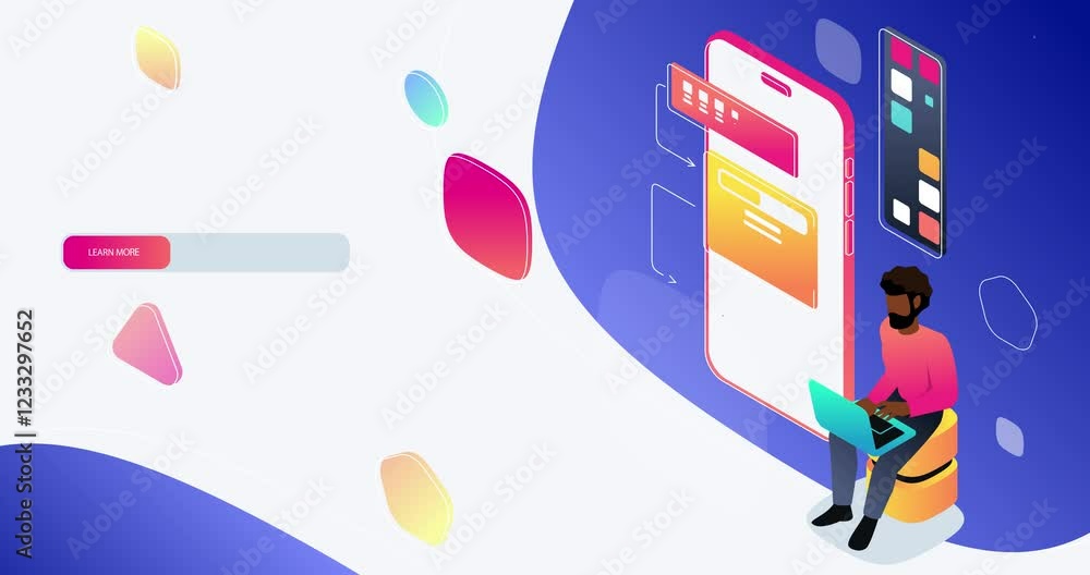 Poster website interface development. moving banner with male programmer testing user interface of digital 