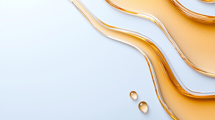 Glossy golden cosmetic oil flowing on a smooth white background in an abstract artistic pattern.