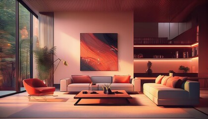 Sleek and Sophisticated Modern Living Space with Minimalist Aesthetics, Showcasing Clean Lines, Warm Neutrals, and Bold Geometric Patterns, Perfect for Home Decor Inspiration.