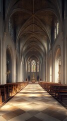 Obraz premium Sunlit church nave, peaceful and grand.