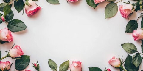 A soft pink rose at the center, framed by green leaves, surrounded by a white background for a minimalist yet elegant look.