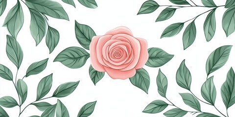 A soft pink rose at the center, framed by green leaves, surrounded by a white background for a minimalist yet elegant look.
