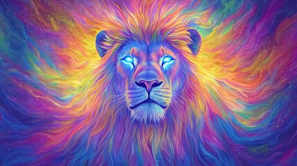 Majestic rainbow lion, cosmic mane, fantasy art, spiritual power