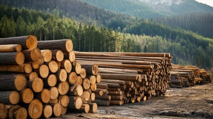 Stacked logs in a forested area, showcasing timber industry activity.