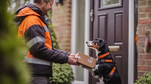 Delivery Person Handing Package to Dog in Front of House